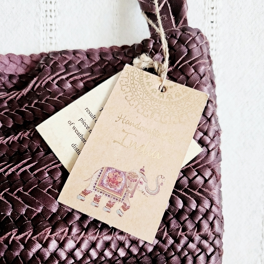 Handcrafted In India Braided Woven Leather Tote Bag Shoulder Purse Purple NWT - Picture 10 of 14